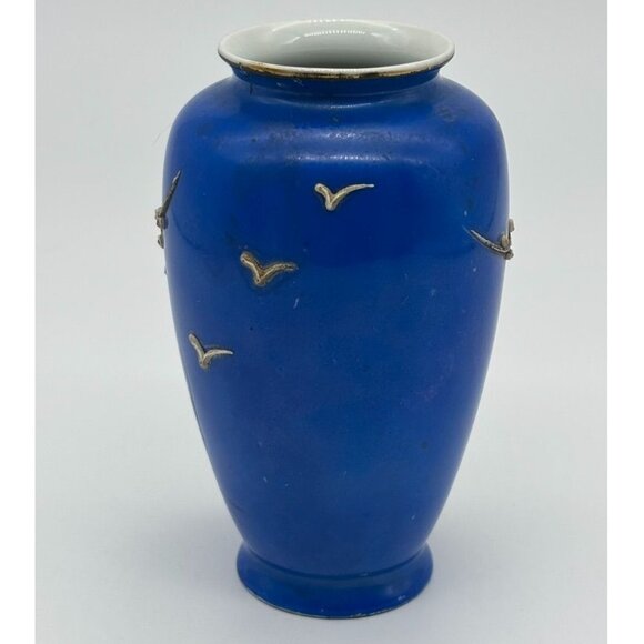 Vintage EIN Made in Japan Small Vase Moriage Deep Blue With Pink Apple Blossoms~ - Picture 3 of 6